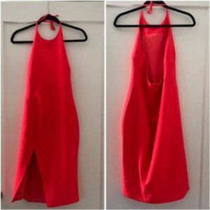 Bardot Revolve neon pink halter dress with slit